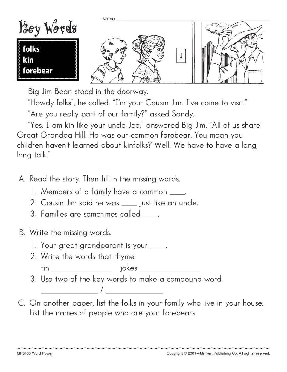 Vocabulary reading introduces folks, kin, and forebear through Cousin Jim's visit, with rhymes and compound words.