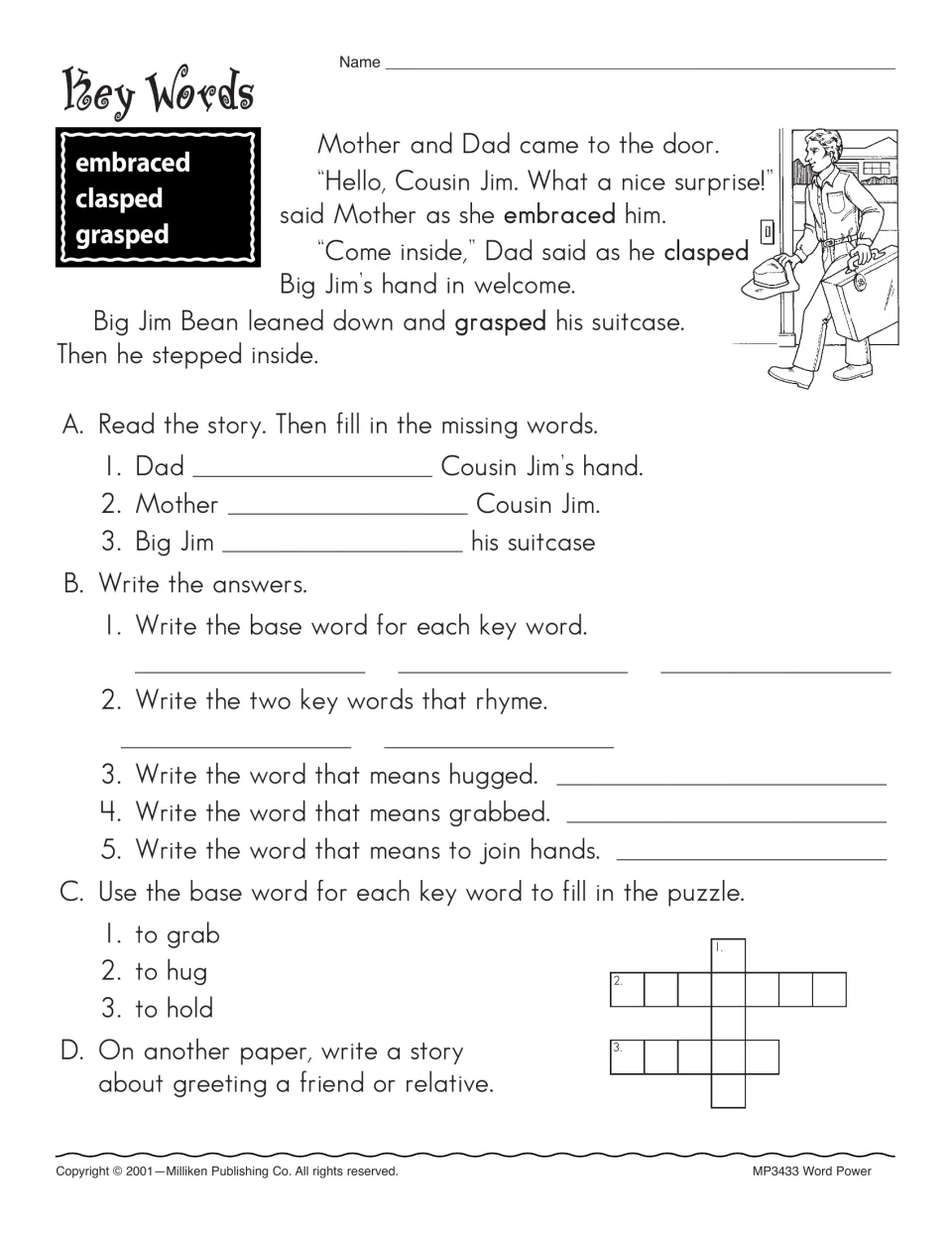 Cousin Jim's visit continues with embraced, clasped, and grasped, followed by base-word practice and a puzzle.