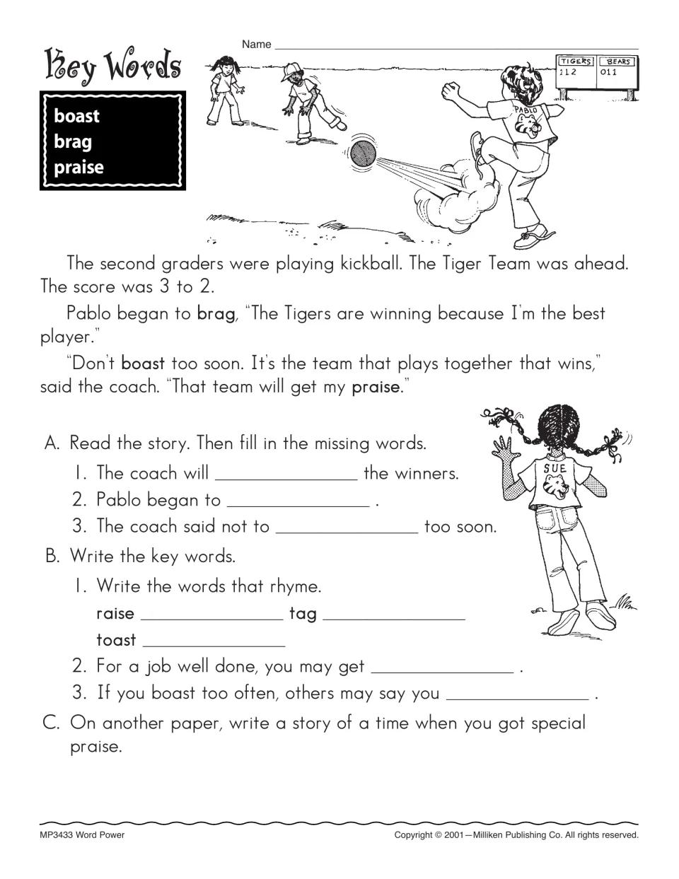 Vocabulary reading about a kickball team introduces boast, brag, and praise, with rhymes and a writing prompt.