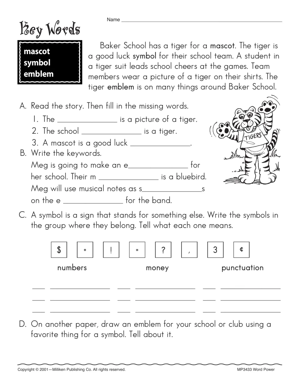 School vocabulary reading introduces mascot, symbol, and emblem, with symbol sorting and an emblem drawing prompt.