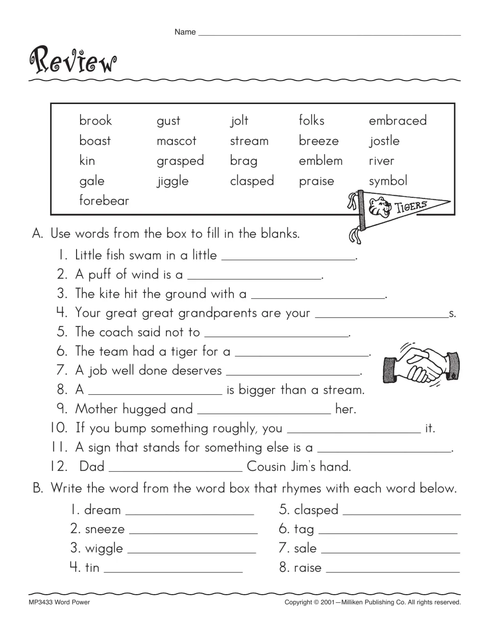 Vocabulary review revisits 21 key words from the readings through 12 sentence blanks and eight rhyme questions.