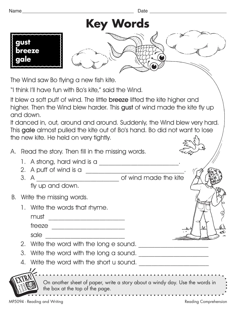 Key Words worksheet on gust, breeze, and gale, using a kite story, sentence completion, rhymes, and vowel sounds