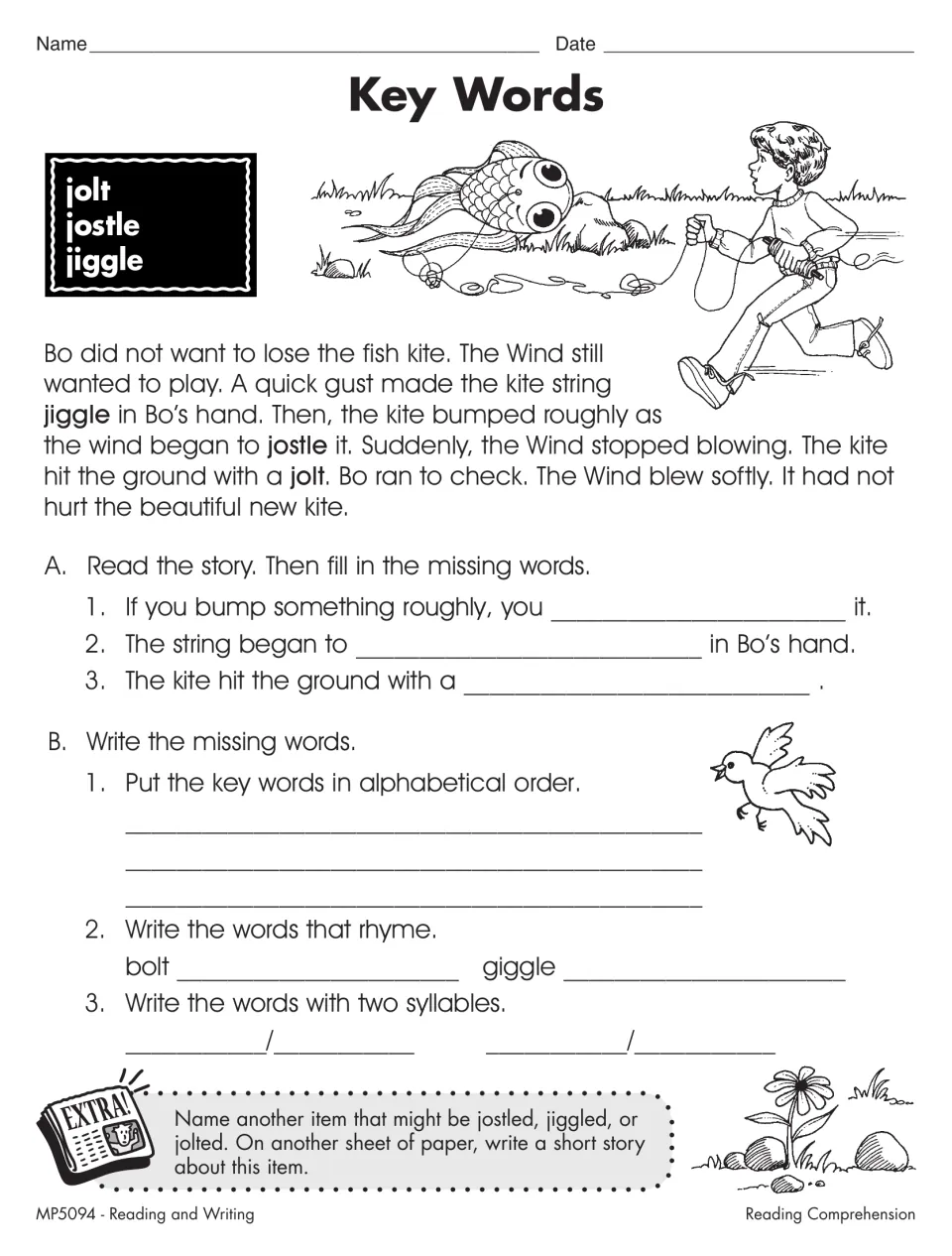 Key Words worksheet on jolt, jostle, and jiggle, continuing the kite story with alphabetical order and syllables