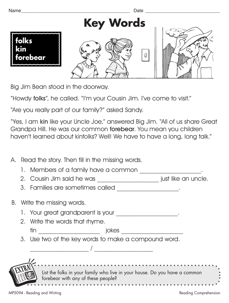 Key Words worksheet on folks, kin, and forebear, pairing a family visit story with rhymes and a compound word