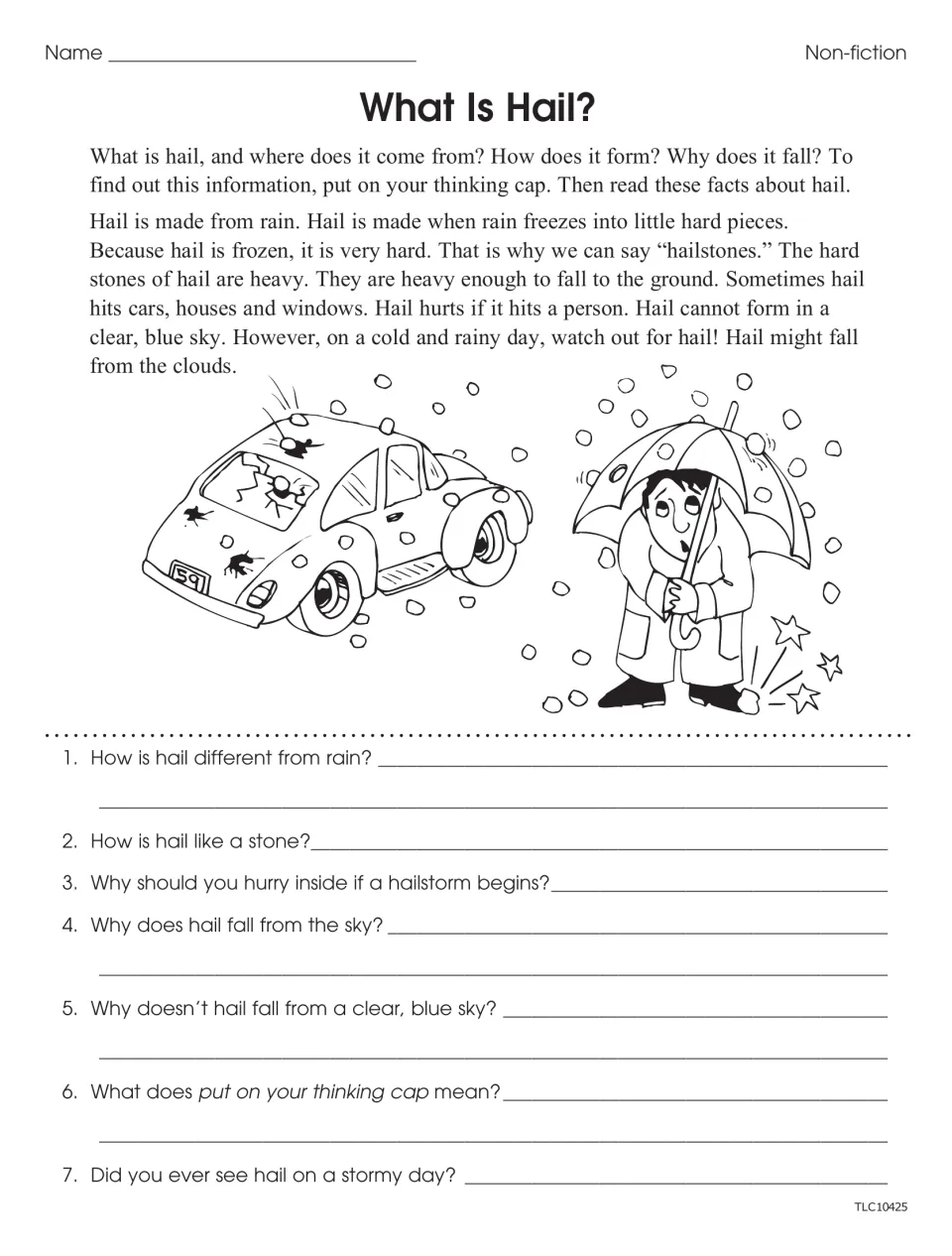 What Is Hail? nonfiction worksheet with seven questions about hail, its effects, and 'put on your thinking cap'