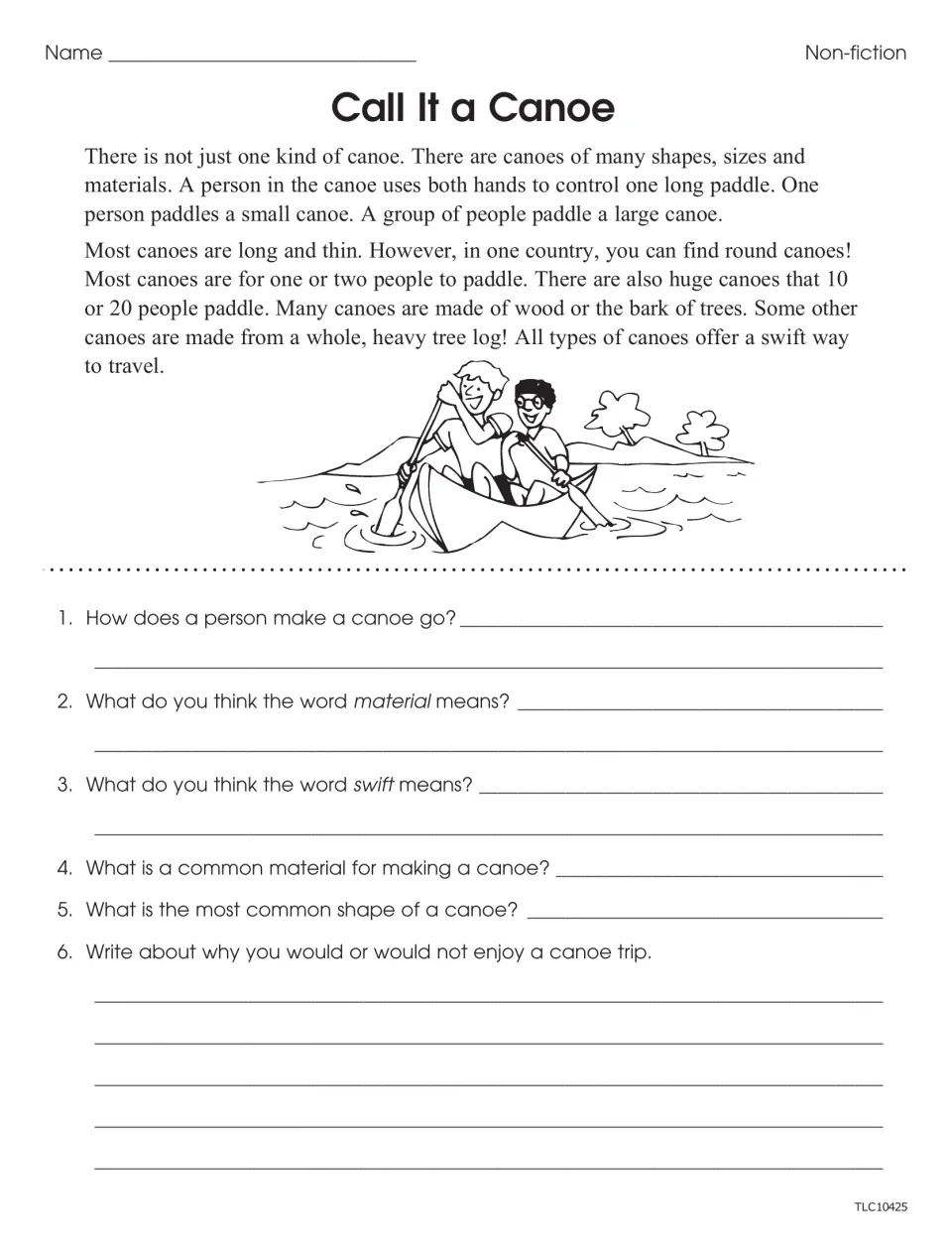 Call It a Canoe nonfiction worksheet with six questions on paddling, canoe shapes, materials, and the word swift