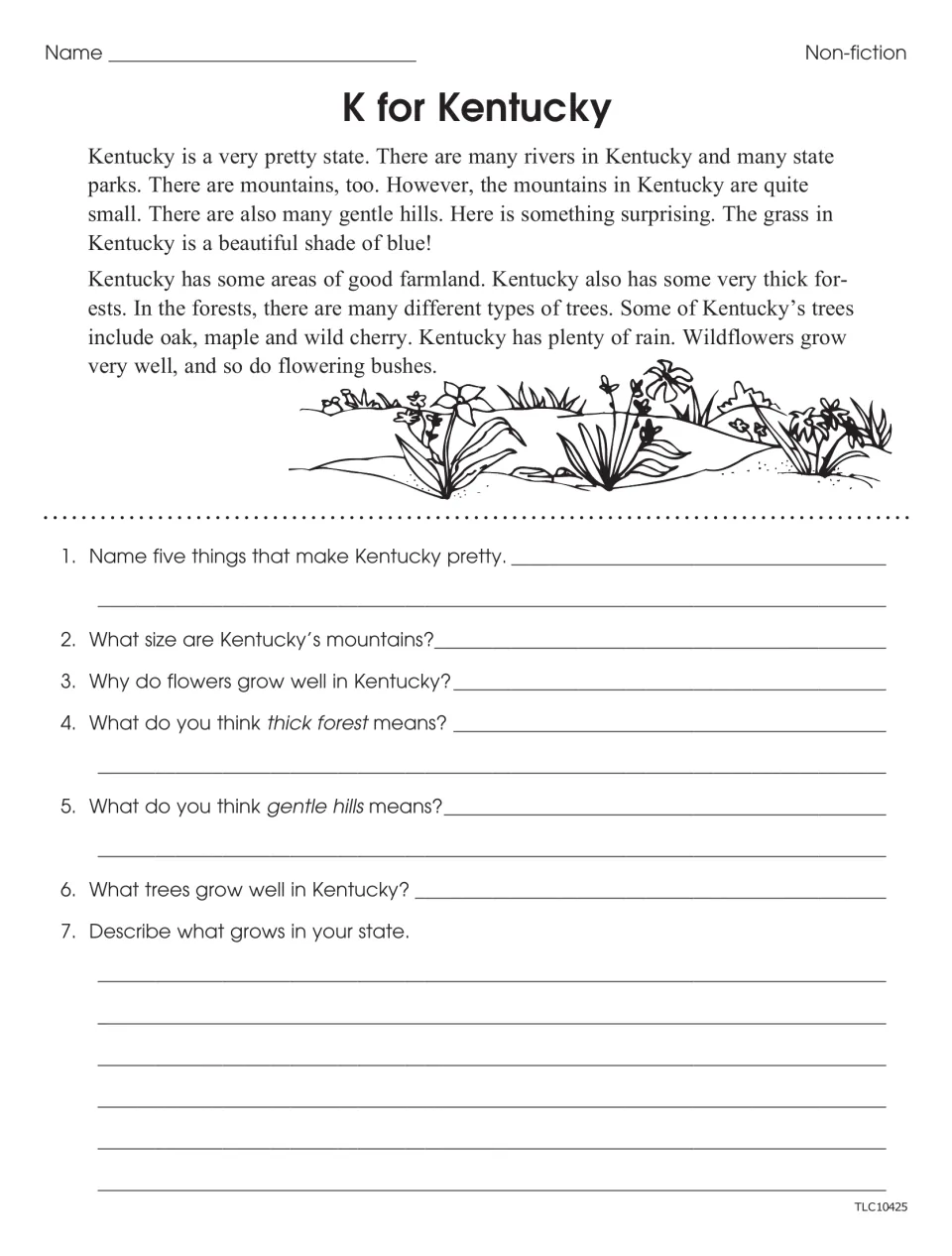 K for Kentucky nonfiction worksheet with seven questions on landscape, plants, thick forests, and gentle hills