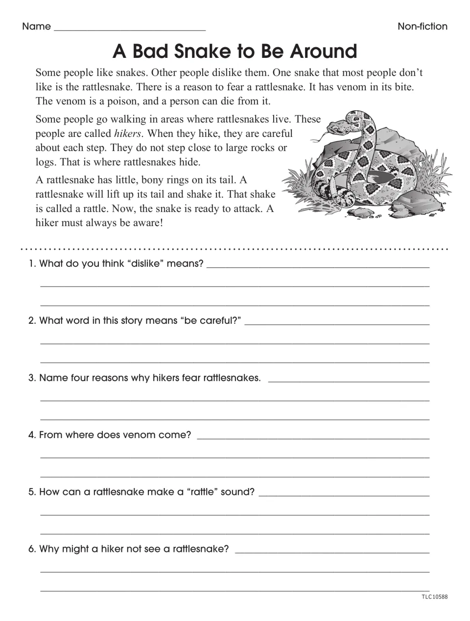 A Bad Snake to Be Around nonfiction worksheet with six questions about rattlesnakes, venom, dislike, and aware