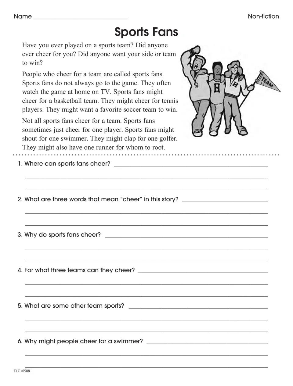 Sports Fans nonfiction worksheet with six questions about cheering for teams and players and words for cheer
