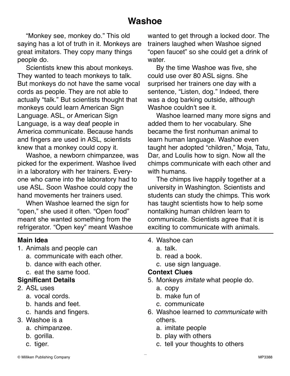 Washoe reading passage and six questions about sign language, main idea, details, and word meanings