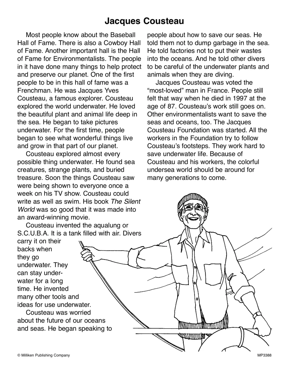 Jacques Cousteau reading passage about underwater exploration, inventions, and ocean conservation