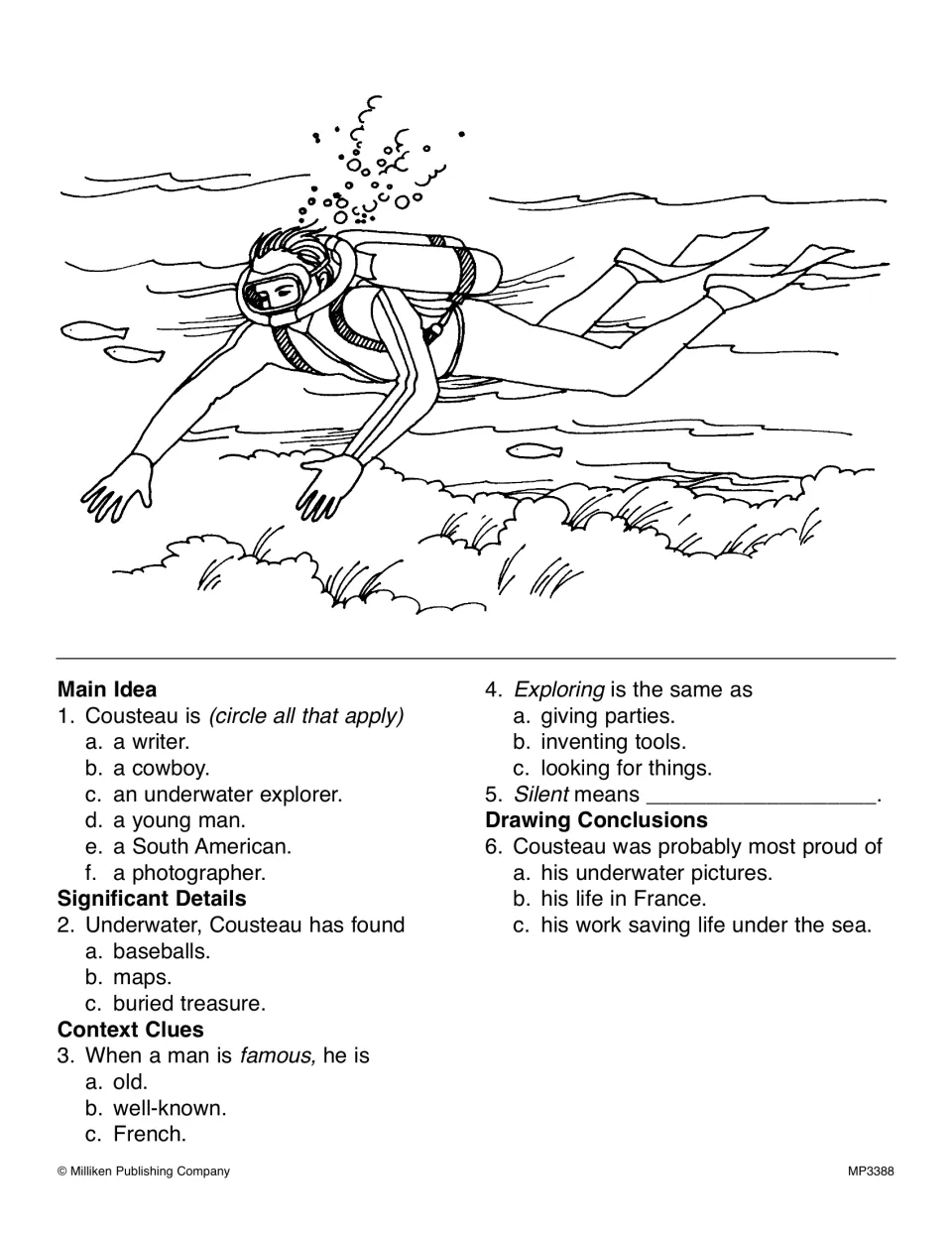 Jacques Cousteau activity questions on main idea, details, word meanings, and drawing conclusions