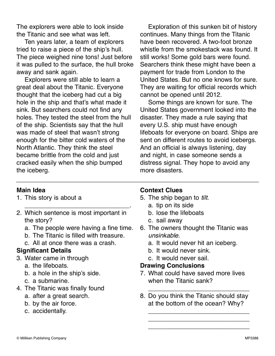 Titanic passage conclusion and eight questions about the shipwreck, word meanings, and conclusions