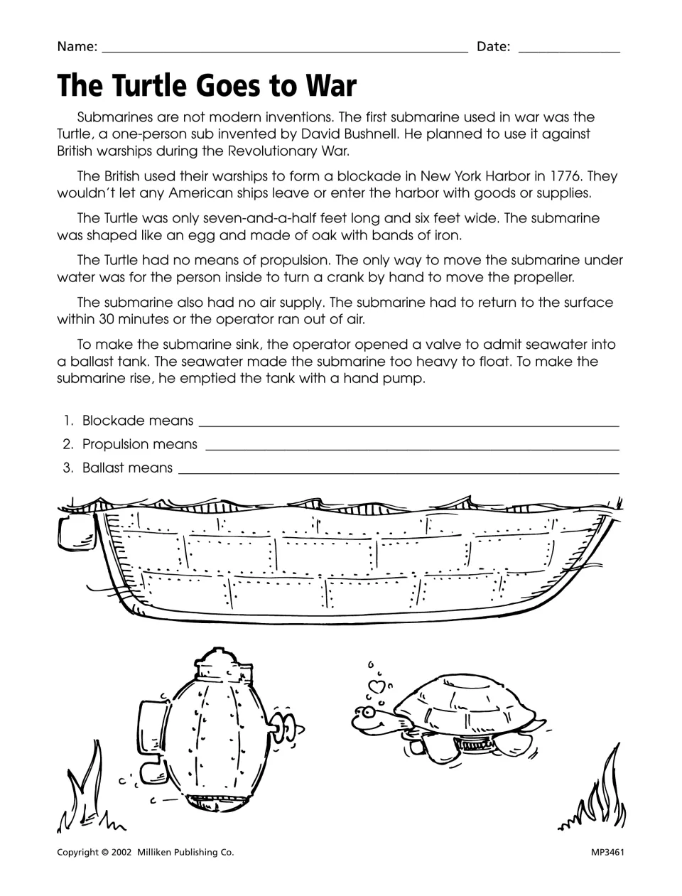 The Turtle Goes to War passage introduces an early submarine and asks about blockade, propulsion, and ballast