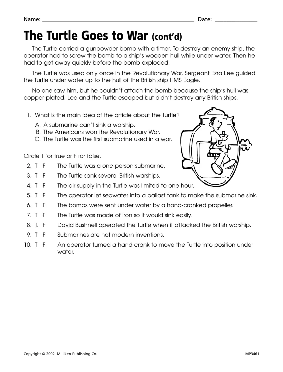 The Turtle Goes to War continuation with a main idea question and nine true-or-false statements