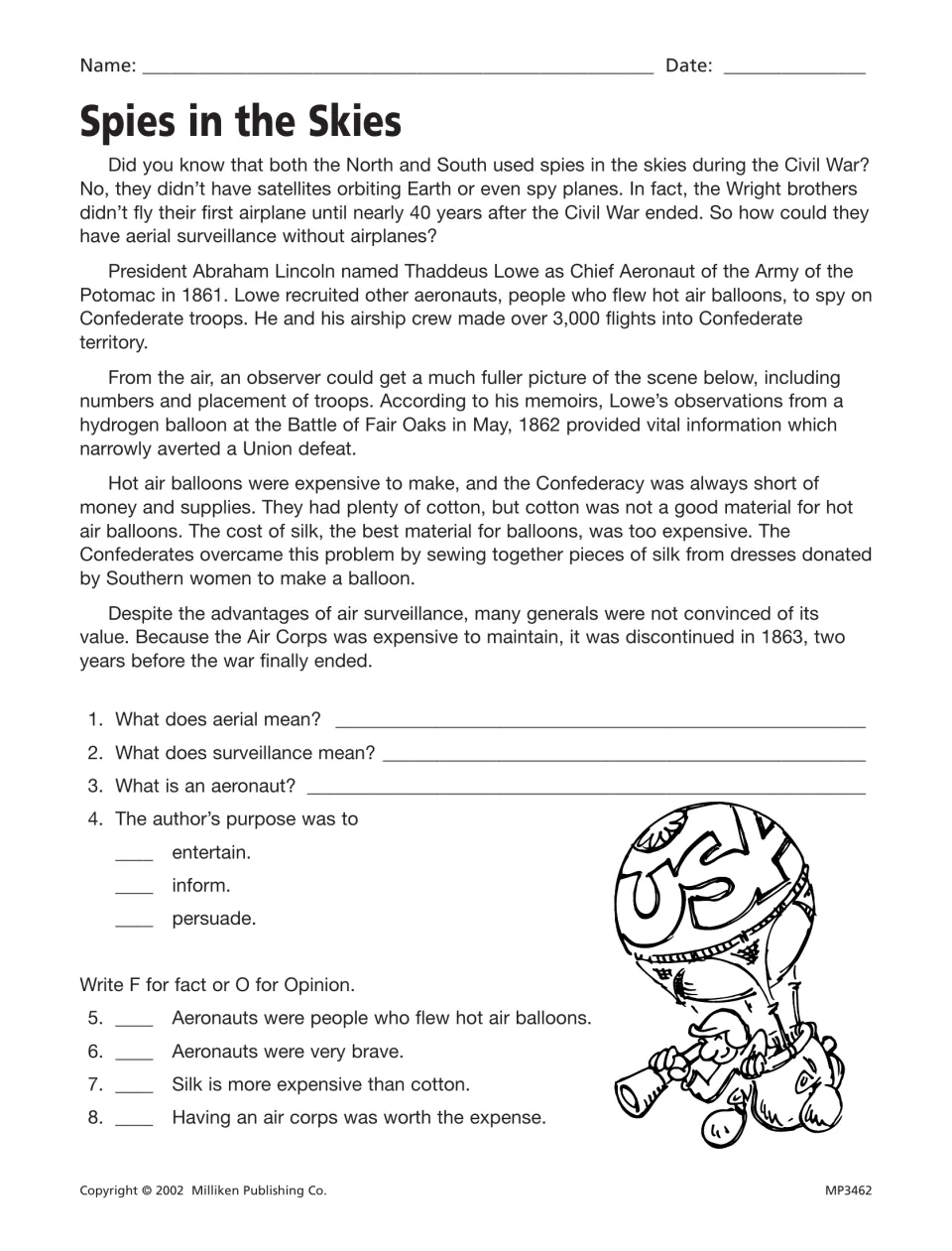 Spies in the Skies passage and questions on vocabulary, author's purpose, and fact versus opinion