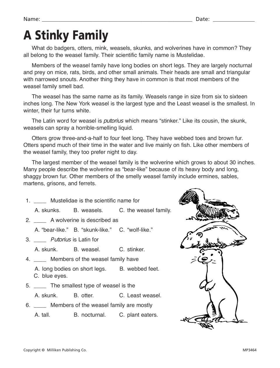 A Stinky Family reading passage and six multiple-choice questions about weasels, animal traits, and word meanings