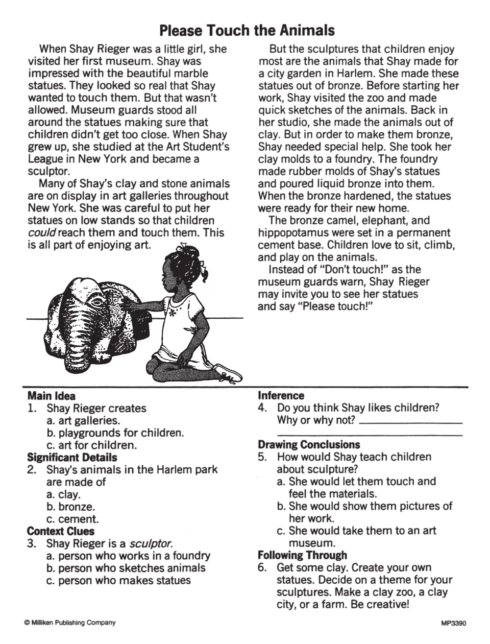 Please Touch the Animals passage about Shay Rieger's sculptures, with comprehension questions and a clay activity