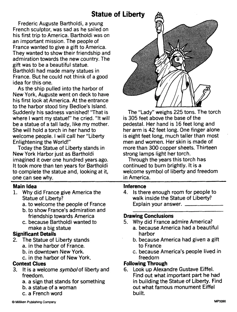 Statue of Liberty passage with questions about France's gift, the word symbol, and research on Gustave Eiffel