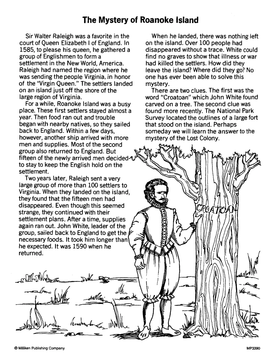 The Mystery of Roanoke Island passage recounts vanished settlers and John White's discovery of the Croatoan clue