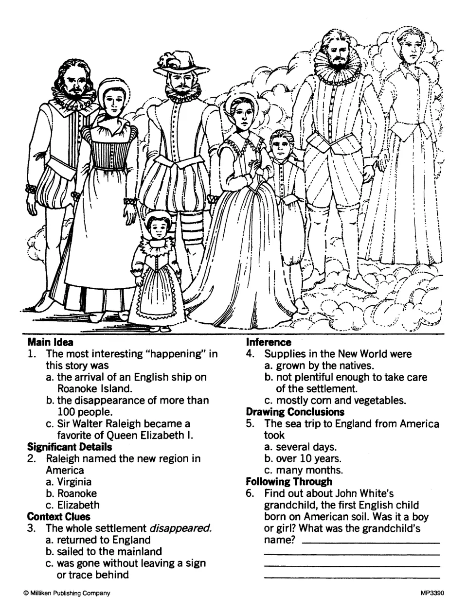 Roanoke Island follow-up questions cover the missing settlers, disappeared, supplies, and John White's grandchild
