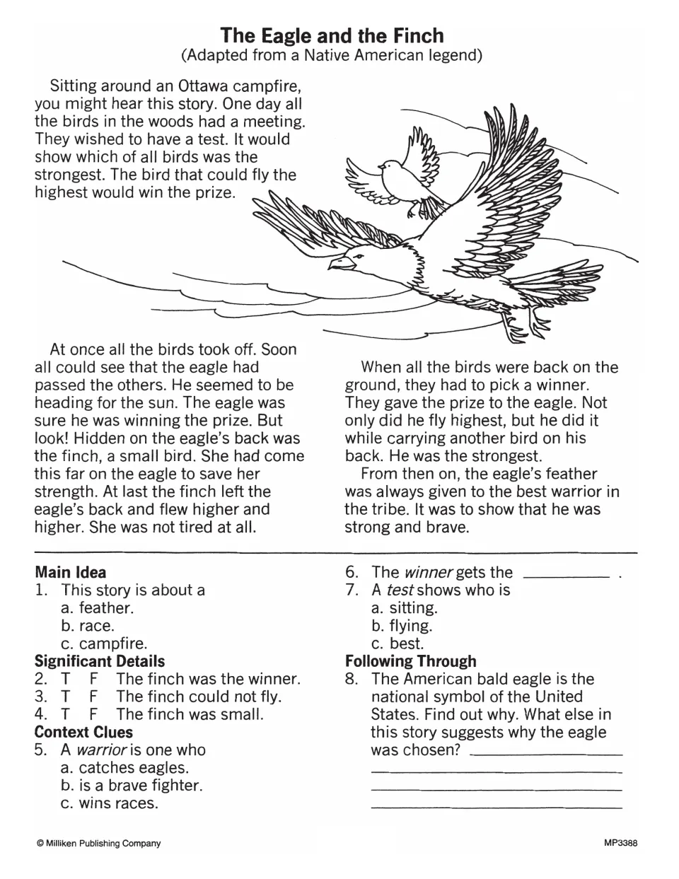The Eagle and the Finch legend: students answer main idea, true-false detail and context clue questions like warrior