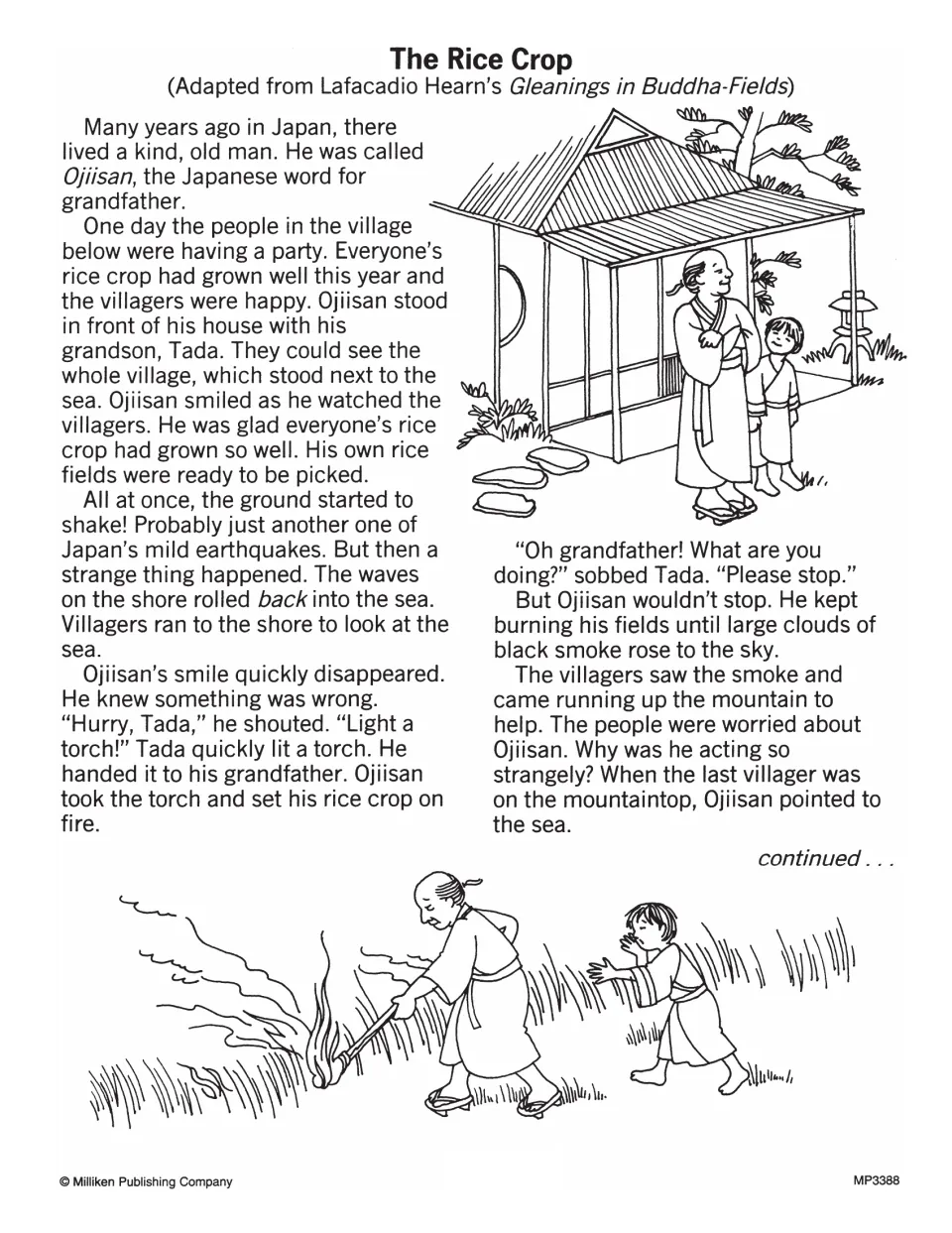 The Rice Crop story, part 1: Ojiisan sets his rice fields on fire after an earthquake as Tada begs him to stop