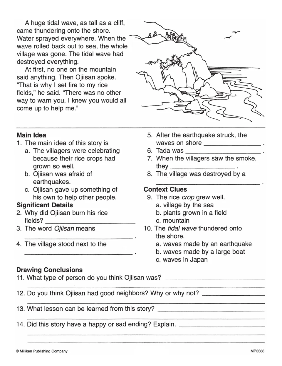 Rice Crop ending and questions: tidal wave reveals why Ojiisan burned his fields; students define crop and tidal wave