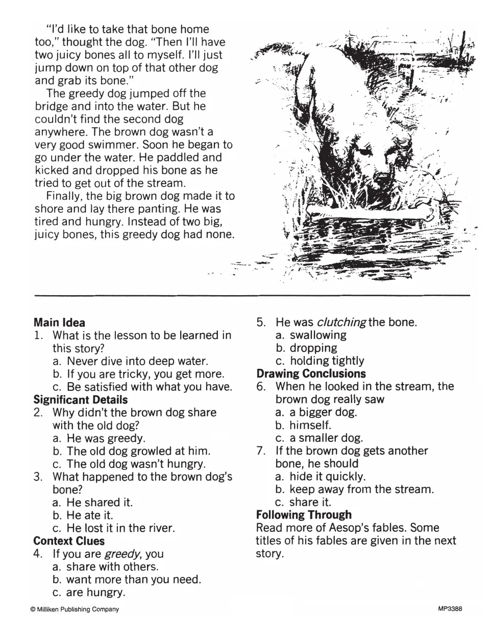 Greedy Dog ending and questions: students choose the lesson, recall details and define greedy and clutching from context