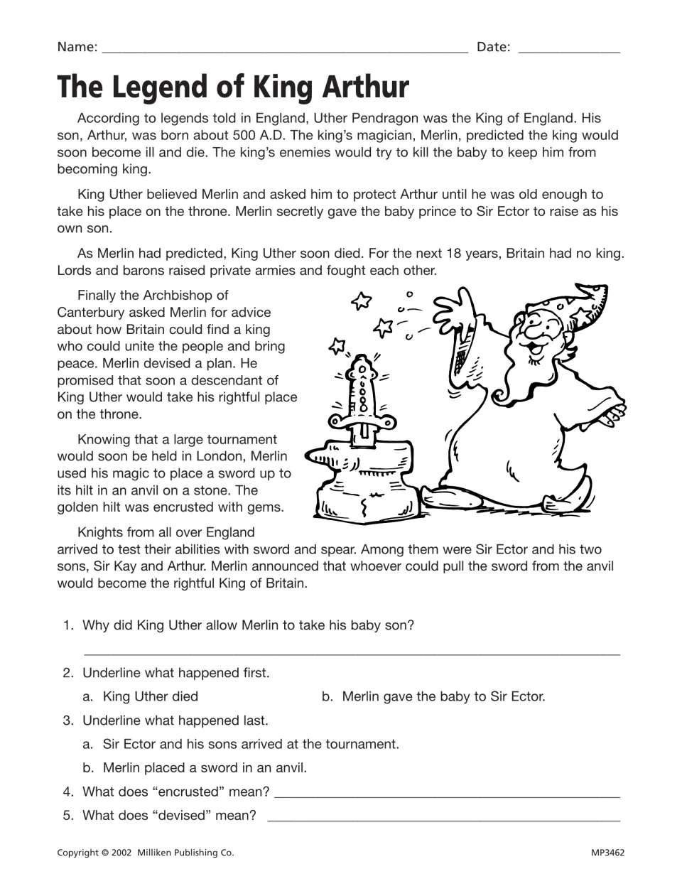 King Arthur legend, part 1: Merlin sets a sword in an anvil; students sequence events and define encrusted and devised