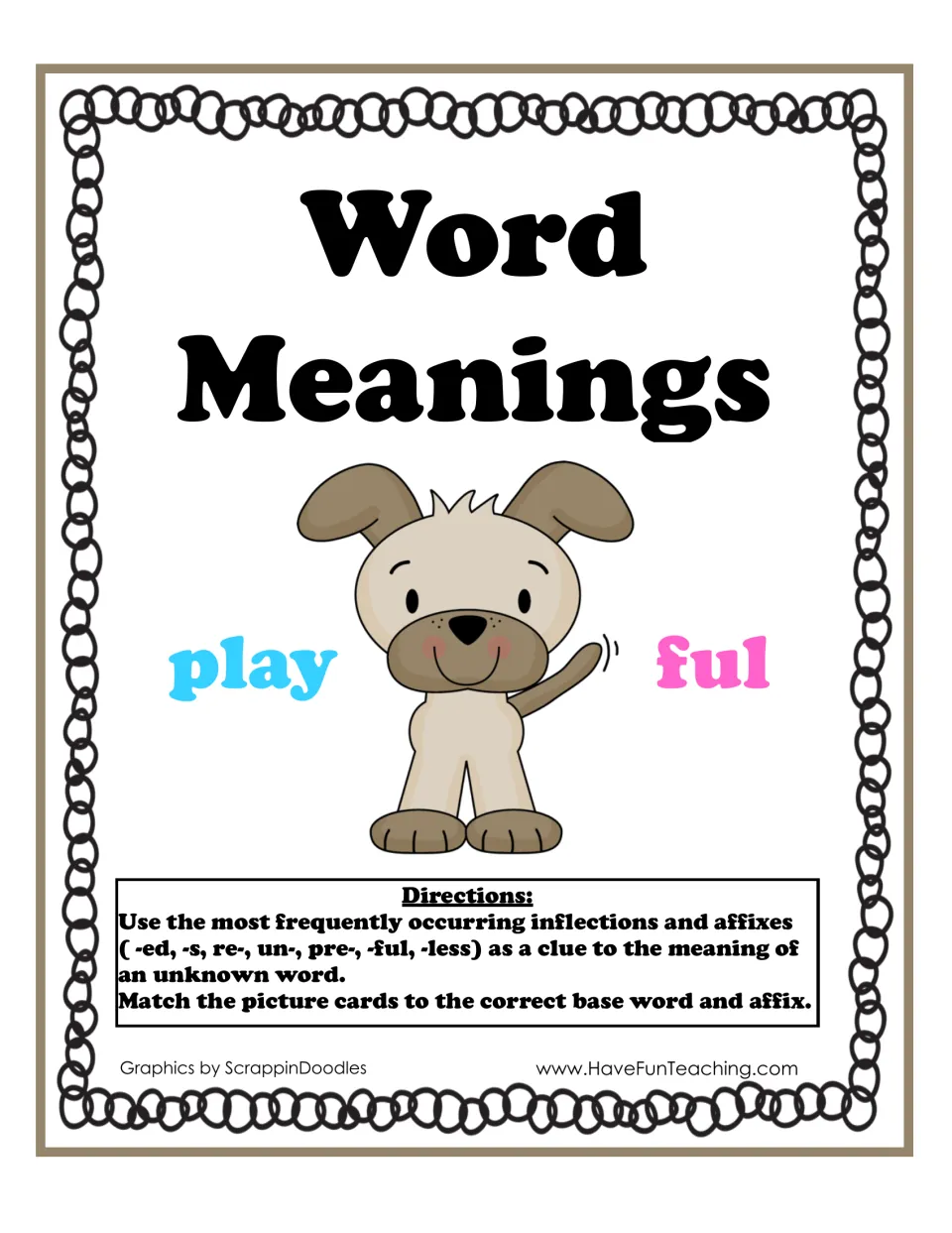 Word Meanings cover: a puppy between play and ful, with directions to match picture cards to base words and affixes