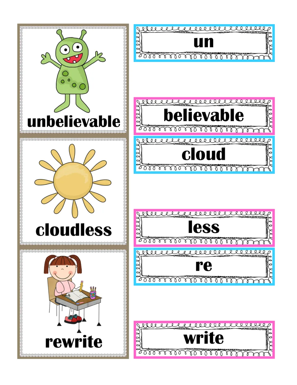 Picture cards for unbelievable, cloudless and rewrite, with word cards un, believable, cloud, less, re and write