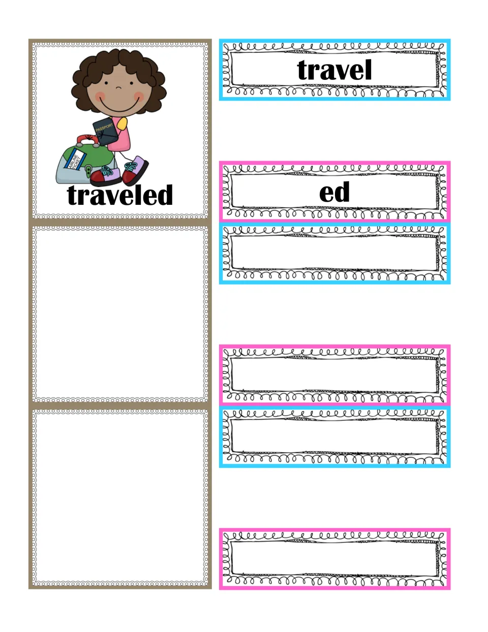 Traveled picture card with travel and ed word cards, plus two blank picture cards and four blank word cards