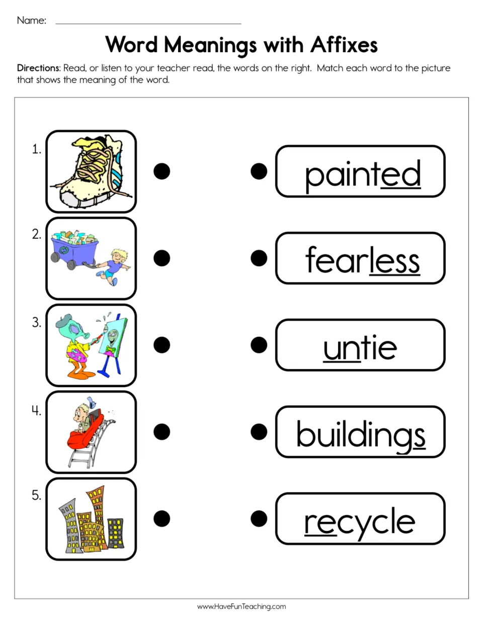 Affix word matching practice: painted, fearless, untie, buildings, and recycle, paired with five pictures.