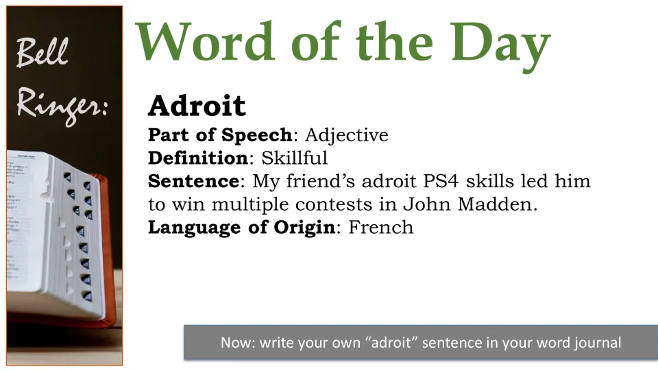 Word 2 slide: adroit, adjective meaning skillful, French origin, with a sample sentence about PS4 Madden skills