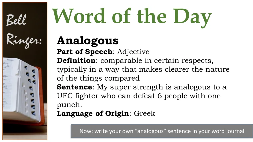 Word 4 slide: analogous, adjective meaning comparable in certain respects, Greek origin, with an example sentence