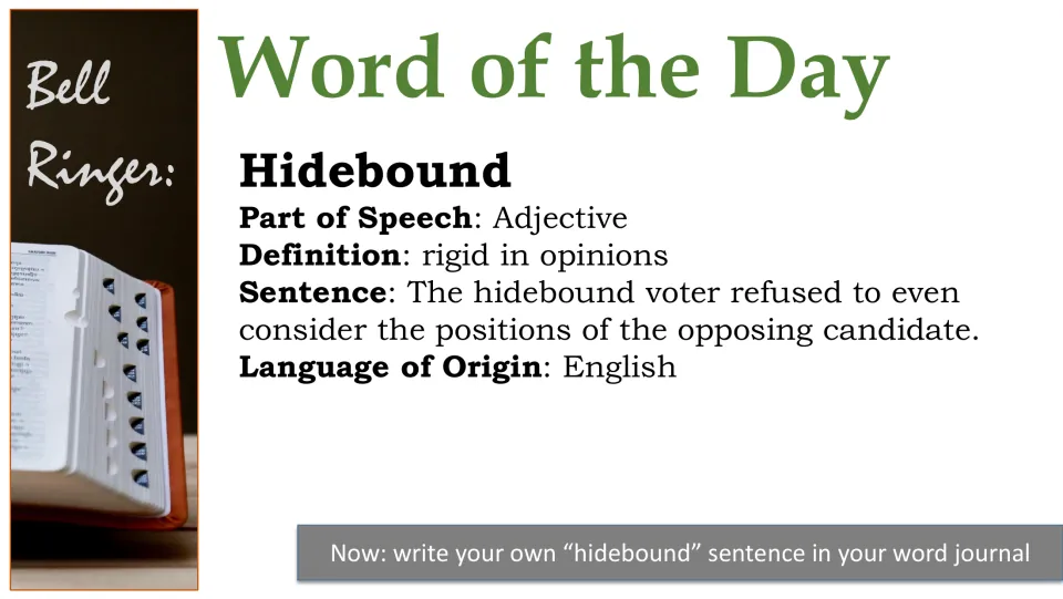 Word 6 slide: hidebound, adjective meaning rigid in opinions, English origin, with a sentence about a voter