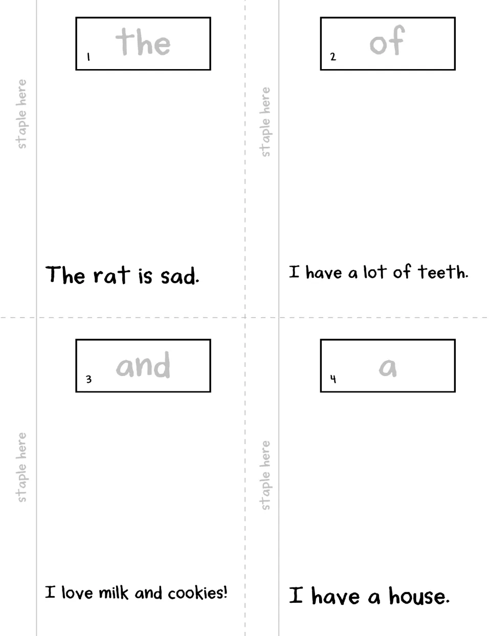 Booklet pages 1–4: the, of, and, a, each with a traceable word and a sentence to read and illustrate.