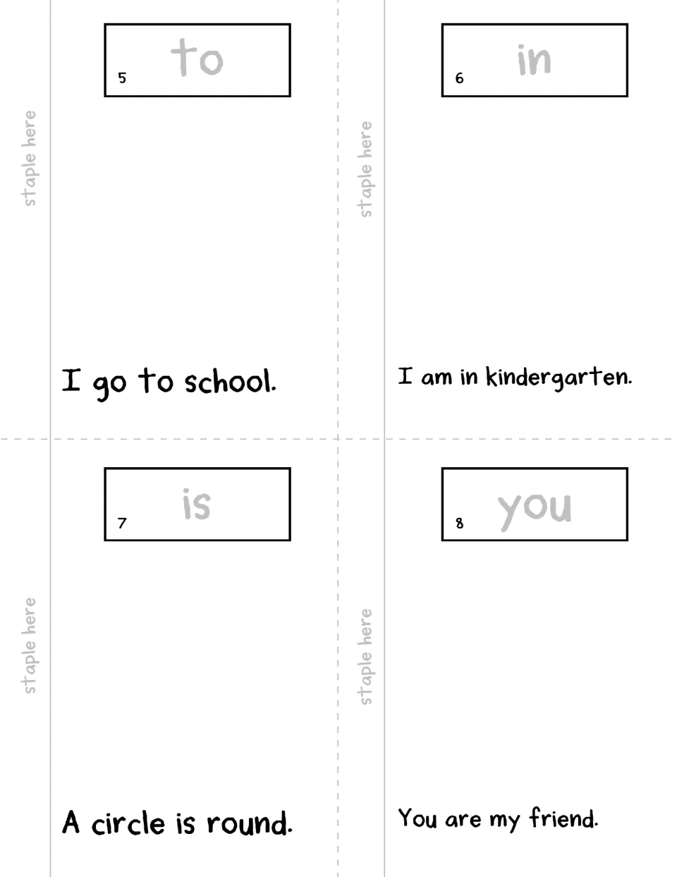 Booklet pages 5–8: to, in, is, you, each with a traceable word and a sentence to read and illustrate.