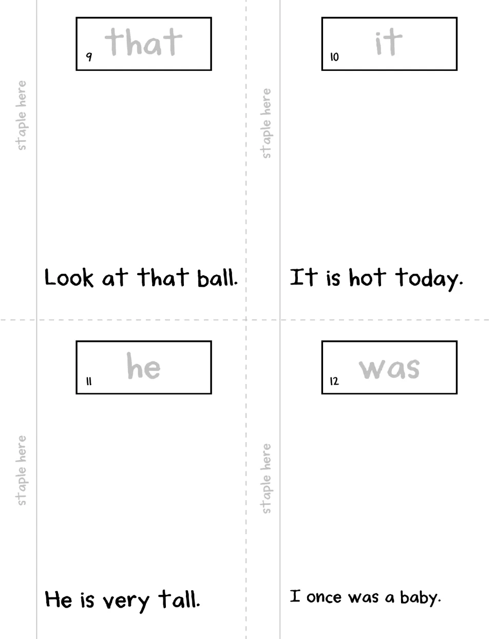 Booklet pages 9–12: that, it, he, was, each with a traceable word and a sentence to read and illustrate.