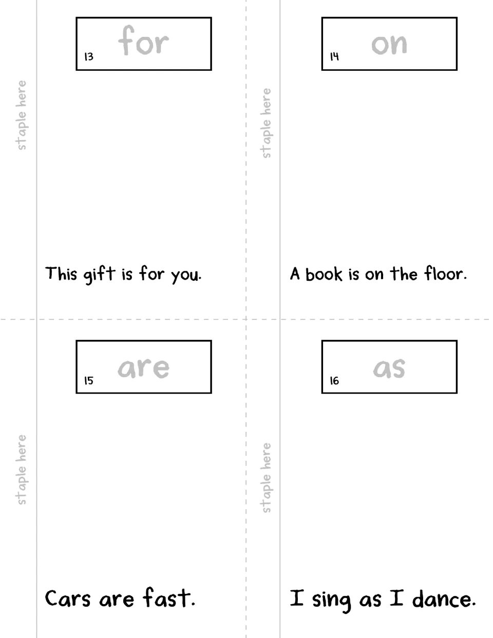 Booklet pages 13–16: for, on, are, as, each with a traceable word and a sentence to read and illustrate.