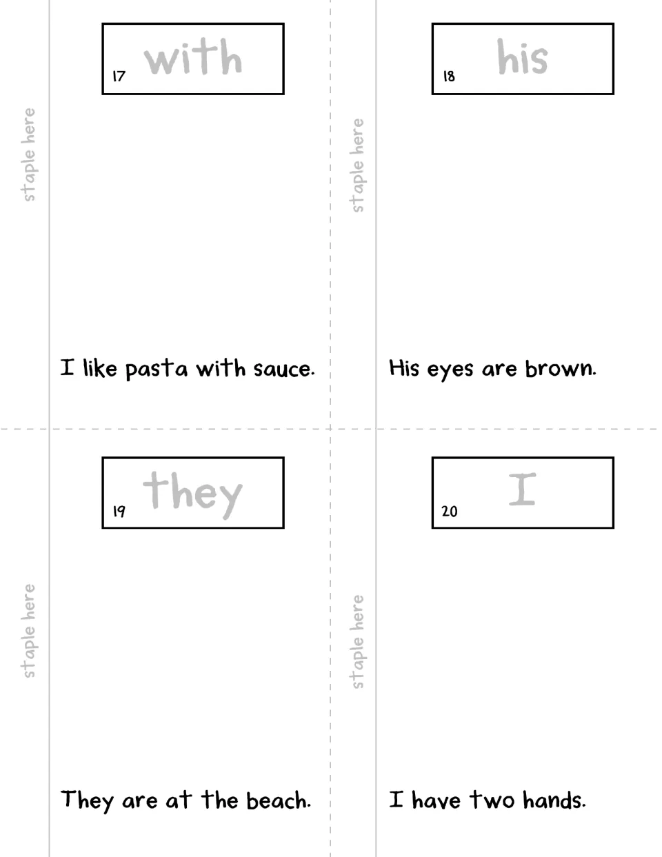Booklet pages 17–20: with, his, they, I, each with a traceable word and a sentence to read and illustrate.