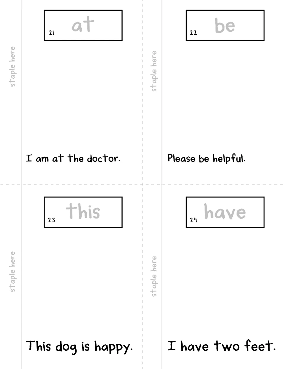 Booklet pages 21–24: at, be, this, have, each with a traceable word and a sentence to read and illustrate.