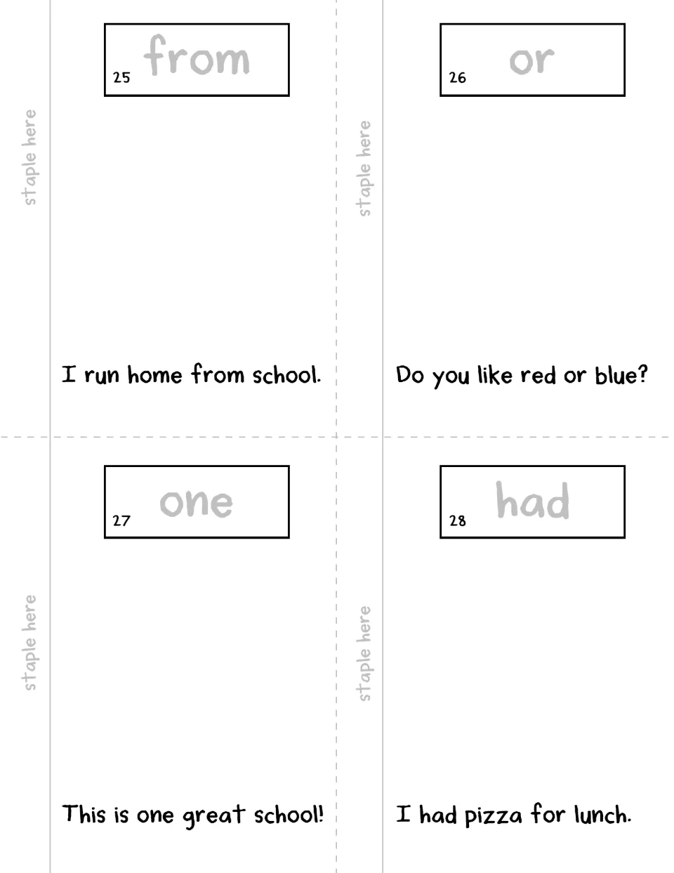 Booklet pages 25–28: from, or, one, had, each with a traceable word and a sentence to read and illustrate.