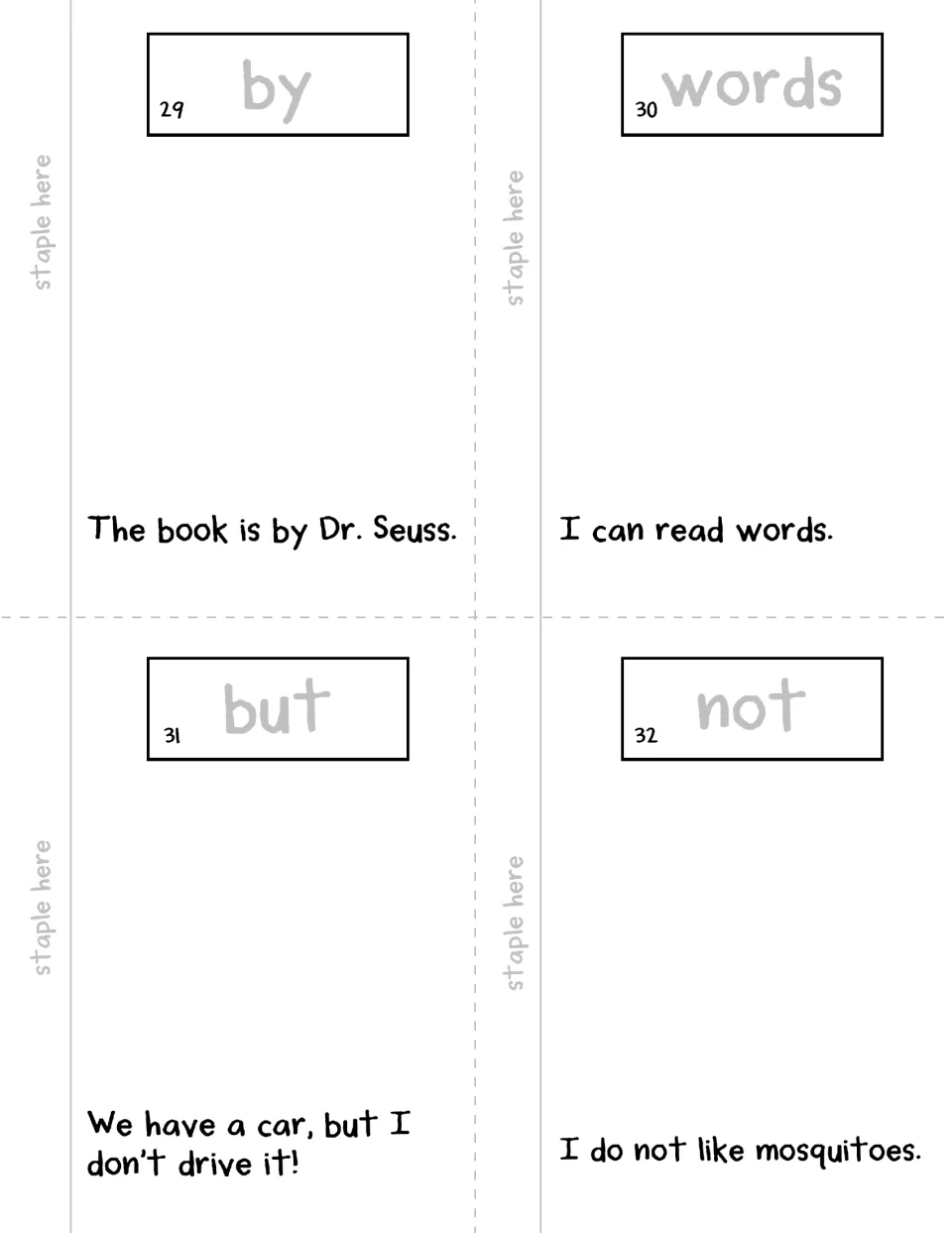 Booklet pages 29–32: by, words, but, not, each with a traceable word and a sentence to read and illustrate.