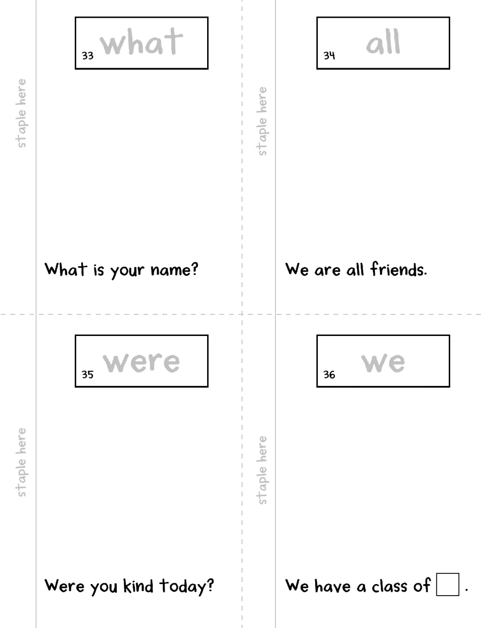 Booklet pages 33–36: what, all, were, we, each with a traceable word and a sentence to read and illustrate.