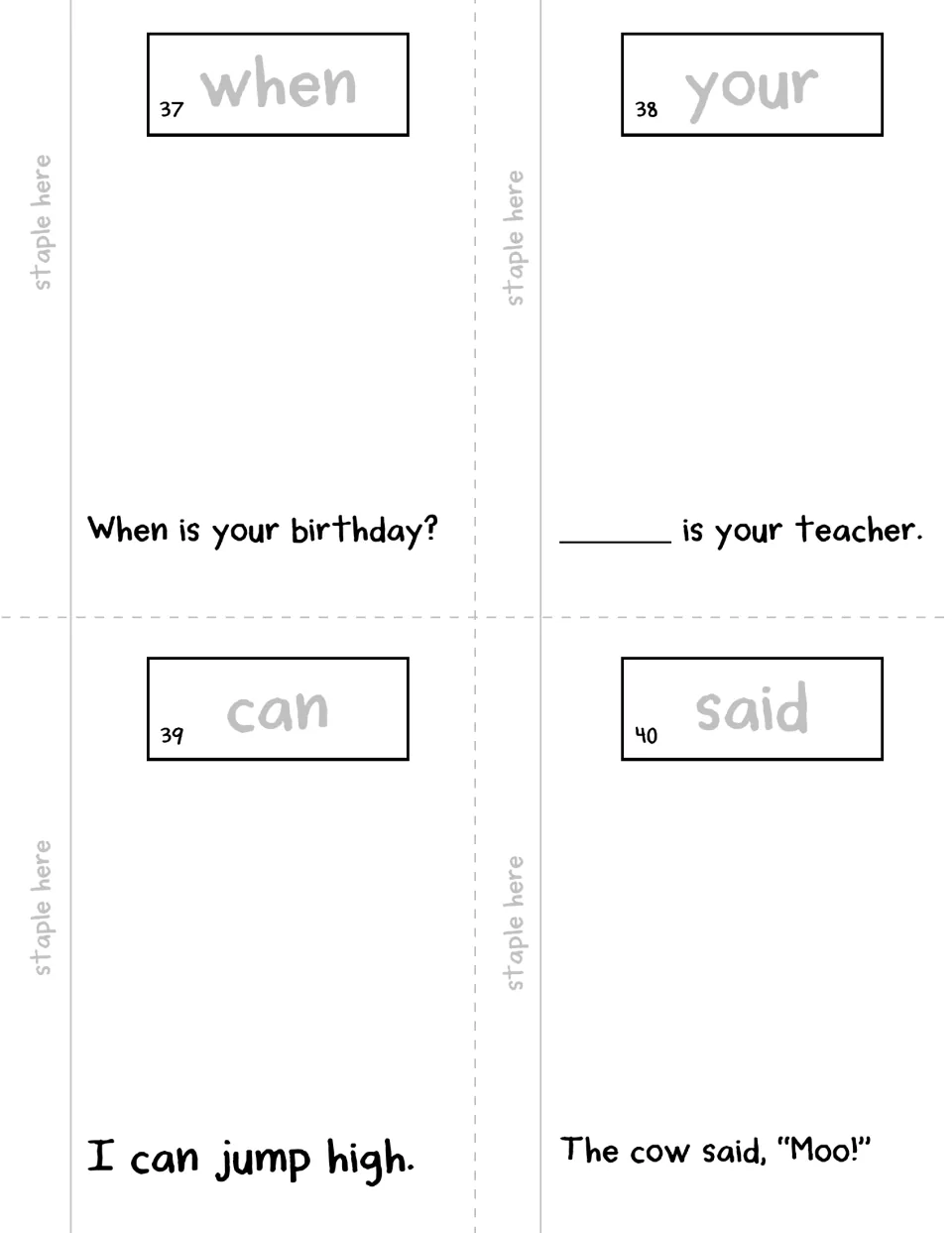 Booklet pages 37–40: when, your, can, said, each with a traceable word and a sentence to read and illustrate.