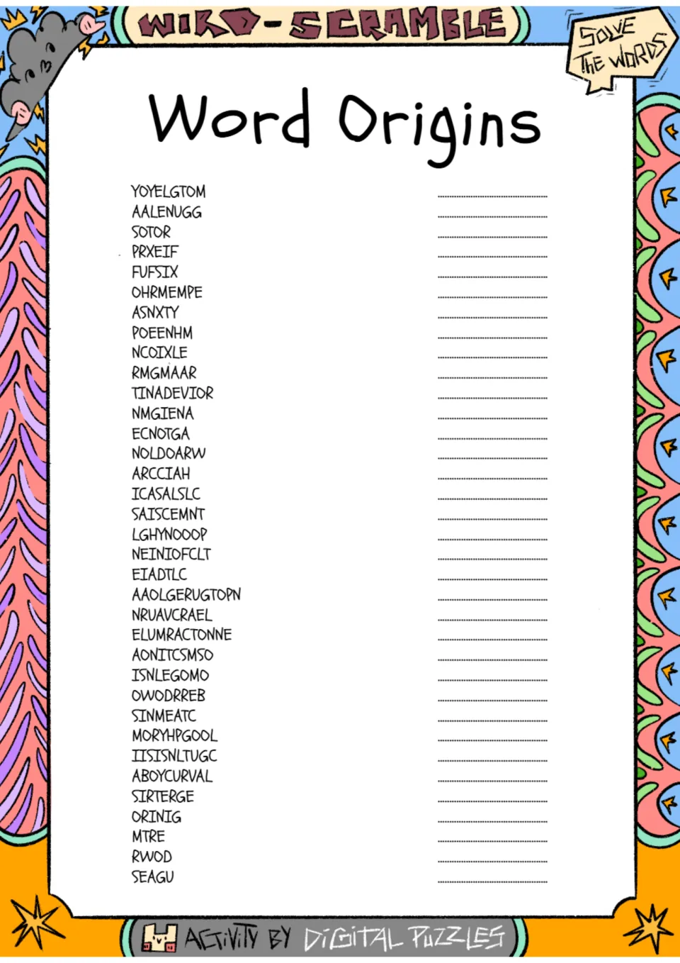 Word Origins word scramble: students unscramble 35 language terms such as YOYELGTOM and PRXEIF and write each word