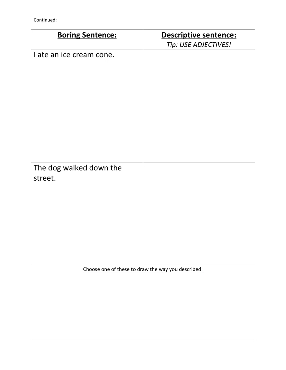 Adjective rewrites continued: students describe eating an ice cream cone and a dog's walk, then draw one sentence