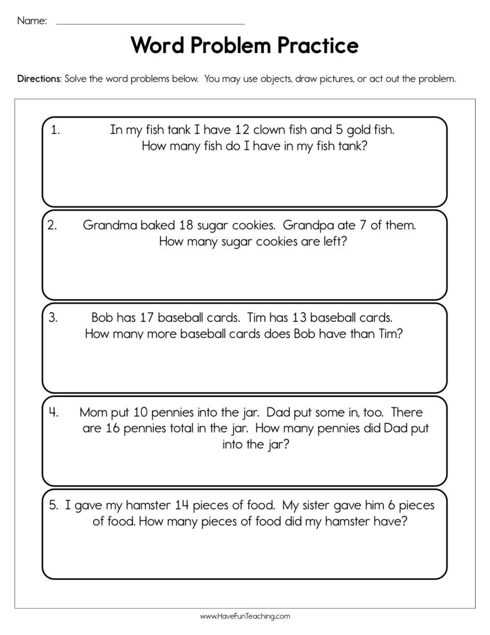 Addition and subtraction story problems: students solve 5 problems about fish, cookies, cards, pennies and hamster food